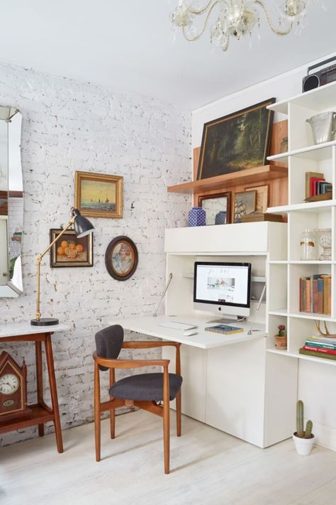 10 Perfect Living Room Home Office Nooks: Short on Space but Not Style | Apartment Therapy Living Room Office Combo, Resource Furniture, Tiny Office, Corner Office, Office Nook, Bedroom Corner, Desk In Living Room, Perfect Living Room, Bookshelf Desk