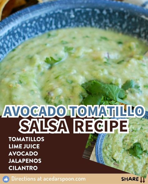 Avocado Tomatillo Salsa mixes sweet tomatillos, creamy avocados, garlic, lime juice and cilantro. It creates the perfect dip for a crowd. Tomatillo Avocado Salsa, Cilantro Lime Avocado Salsa, Avocado Tomatillo Salsa, Green Salsa Recipe, Tomatillo Recipes, Guacamole Salsa, Avocado Salsa Recipe, Cucumber Avocado, Tomatillo Salsa