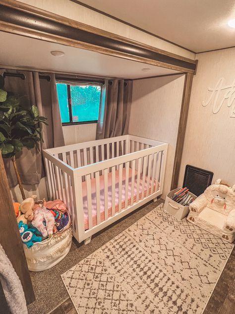 Travel Trailer Nursery Ideas, Nursery Ideas In A Camper, Crib In Rv, Fifth Wheel Nursery, Nursery In A Camper, Small Rv Bedroom Ideas, Rv Living With Newborn, Crib In Camper, Camper Crib Ideas