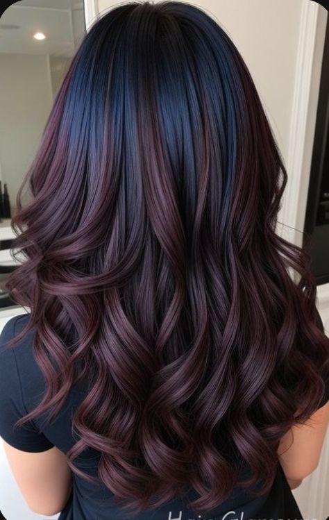 Indigo Highlights Brown Hair, Hair Colour Burgundy Highlights, Mahogany Balayage On Black Hair, Mahogany Hair Colour, Plum Black Hair, Balayage Blue, Mahogany Balayage, Hair Color Mahogany, Mahogany Hair