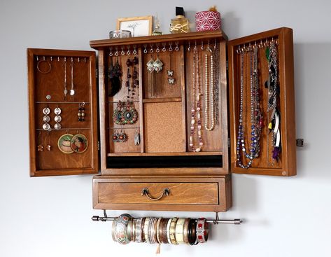 Jewelry Cabinet/earrings Organizer With Drawer /TEAK Stain/ - Etsy Jewelry Organizer Cabinet, Earrings Storage, Organizer Cabinet, Jewelry Organizer Wall, Jewelry Drawer, Earring Storage, Jewelry Cabinet, Earring Organizer, Earring Display