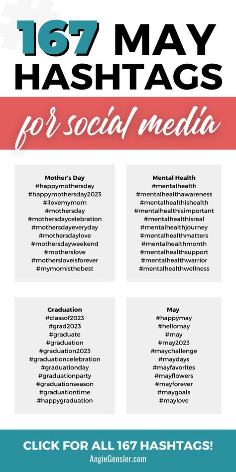 If you’re looking for some of the most popular May hashtags for social media – or need help creating content for your social media channels– we’ve got you covered. From trending and popular hashtags to easy-to-rank hashtags, we’ve got everything you need to get your content found and grow your following on social media. Preschool Social Media, National Sorry Day, Social Media Hashtags, List Of Hashtags, Social Media 101, Mental Health Month, Facebook Tips, Popular Hashtags, Twitter Tips