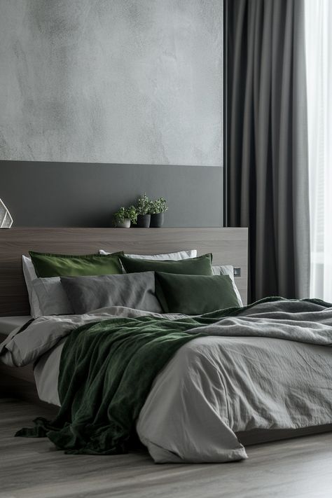 Create a serene and stylish haven with these 27 green and gray bedroom ideas. Explore different shades of green and gray to find the perfect combination for your space. Discover how to incorporate this color palette into your bedroom design for a truly relaxing atmosphere. Green Walls Grey Bedding, Grey Bed Colour Schemes, Dark Green And Grey Bedroom Ideas, Dark Green Coastal Bedroom, Green Grey And Gold Bedroom, Sage And Charcoal Bedroom, Hunter Green And Grey Bedroom, Grey Bedroom Green Accents, Different Shades Of Green Bedroom