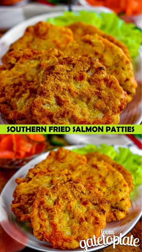 Southern Fried Salmon Patties - From Gate To Plate Salmon Patties And Sides, Fried Fish Dinner Ideas Sides, Homemade Salmon Patties, Southern Salmon Patties, Best Salmon Patties, Salmon Croquettes Recipe, Fried Salmon Patties, Cajun Salmon, Tuna Patties