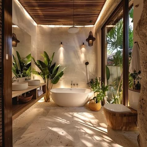 Outdoor Bathtubs, Spa In Casa, Canggu Villa, Bathtub Ideas, Indoor Outdoor Bathroom, Outdoor Bathtub, Outdoor Toilet, Tropical Bathroom, Zen Bathroom