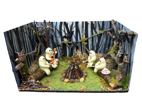 Haunted Ghosts Summer Camp Diorama Campfire Hand Made - Etsy Camping Diorama, Campfire Scene, Toasting Marshmallows, Witches Broomsticks, Diorama Ideas, Summer Camp, Campfire, Dollhouse Miniatures, Ghost