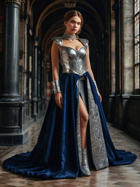 Armor Gown, Fantasy Gowns Warriors, Velaris Starfall, Game Of Thrones Dresses, Armor Fashion, Starfall Ball, Westeros Fashion, Armor Dress, Dark Fantasy Artwork