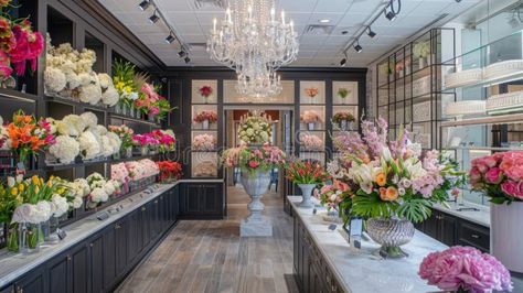 Flower Shop Interior With Floral Arrangements stock photo Greenery Chandelier, Flower Shop Interiors, Vector Mountain, Shop Interior, Flower Shop, Orange Pink, Floral Arrangements, Pink White, Vision Board