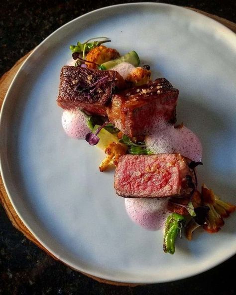 Gochujang Cauliflower, Blueberry Shrub, Foam Recipe, Ny Steak, Fine Dining Plating, New York Strip Steak, New York Strip, Steak Plates, Steak And Mushrooms