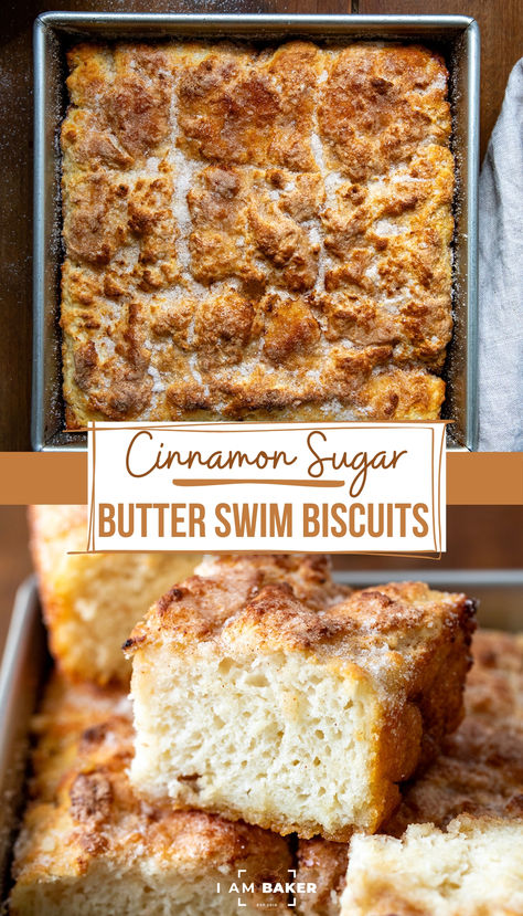 Cinnamon Sugar Butter Swim Biscuits are buttermilk biscuits baked in melted butter, brown sugar, and cinnamon and topped with more cinnamon and sugar. They are baked to golden brown with a fluffy interior and slightly crispy exterior. Just wait until you bite into one of these biscuits (I love the caramelized bottom crust, especially)! They are so buttery, full of cinnamon flavor, and delicious! Cinnamon Sugar Butter Swim Biscuits, Brown Sugar Bread, Flavored Biscuits, Butter Swim Biscuits, Savory Baked Goods, Recipes With Buttermilk, Southern Buttermilk Biscuits, Sugar Biscuits, Homemade Bisquick