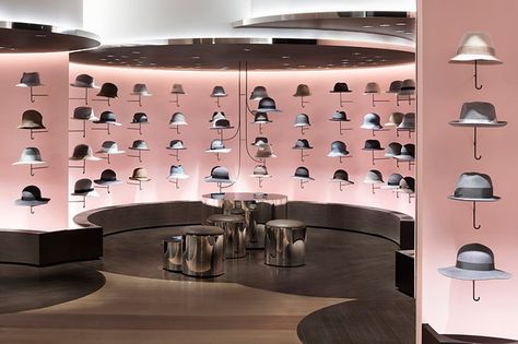 nendo forms a wall of umbrella hats inside the seibu shibuya store Nendo Design, Hat Display, Hat Stores, Beautiful Storage, Retail Interior, Store Interior, Shop Interiors, Retail Space, London Design