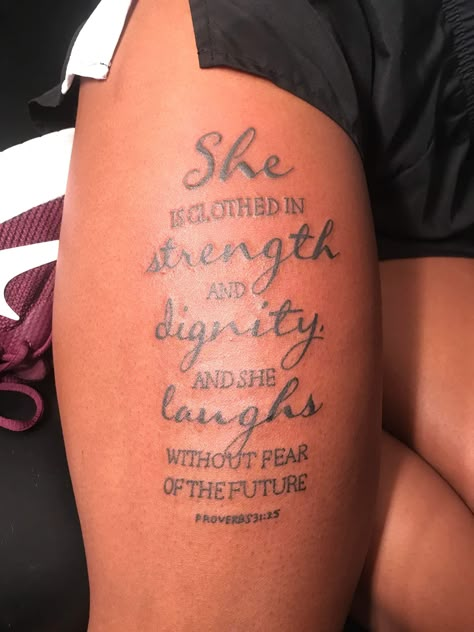 Side Tattoos Women Quotes, Proverbs 31 25 Tattoo, Tattoo With Cross, Tattoo Printable, 25 Tattoo, Tattoo Side, Side Tattoos Women, 15 Tattoo, Cute Thigh Tattoos