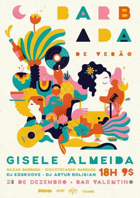 BARBADA is an event that happens in Brazil. It's focused on contemporary music and features performances by local and national bands and DJs. Both the event and the design of the posters intend to carry the rich brazilian culture. #musicalband #musical #band Band Cover Art Graphic Design, Good Vibes Design, Summer Festival Poster, Ilustrasi Dan Poster, Colorful Event, Brazilian Culture, Illustration Design Graphique, Diy Poster, Event Posters