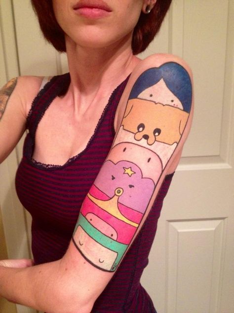 Adventure Time tattoo! Woman With Tattoos, Adventure Time Tattoo, Totem Tattoo, Colorful Tattoo, Tattoos For Women Half Sleeve, Cat Tattoos, Tattoos Skull, Tiny Tattoo, Cute Tattoos For Women