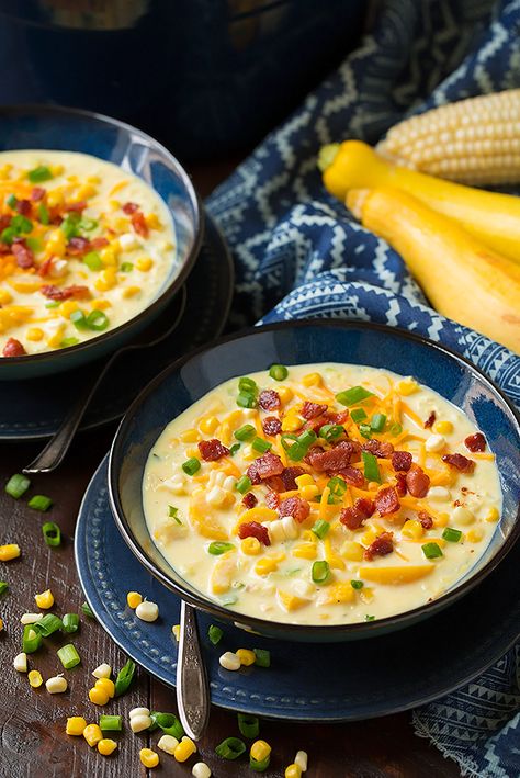 Summer Squash and Corn Chowder | Cooking Classy Yellow Crooked Neck Squash Recipes, Yellow Neck Squash Recipes, Crooked Neck Squash Recipes, Crooked Neck Squash, Squash Chowder, Crookneck Squash Recipes, Summer Soup Recipes, Crookneck Squash, Summer Squash Recipes