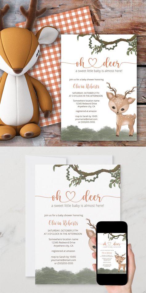 Oh Deer gender neutral woodland baby shower Invitation Oh deer, a sweet little baby is almost here! Cozy autumn watercolor design featuring modern handwritten style script, cute baby deer and plaid pattern on the back. The text can easily be personalized for a unique one of a kind design for your special day. Oh Deer A Little Buck Is Almost Here, Oh Deer Baby Shower Boy, Deer Baby Shower Boy, Nuetral Nursery, Deer Gender, Deer Baby Showers, Autumn Watercolor, Woodland Baby Shower Invitations, Fall Watercolor