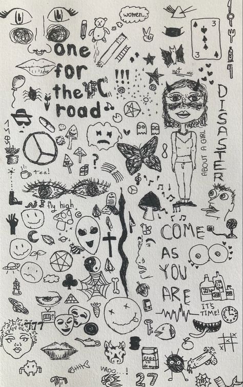 Note Book Doodles Grunge, Notebook Sketches Doodles, Easy Stuff To Draw When Bored, Sketch Book Ideas Easy Doodles, Edgy Doodles Aesthetic, Chaotic Doodles, Hippie Doodles Easy, Hippie Sketches Doodles, Grunge Doodles Easy