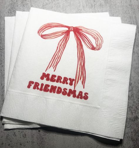 "These beautiful white cocktail napkins are perfect for that Friendsmas or Christmas Party you are planning! These 3 ply white cocktail napkins are approximately 5x5, and are printed with design and wording as shown. Please note these napkins come as shown, there are no other customization options at this time. If you have any questions about this item, please contact seller before ordering. Please also take special attention to production time and make sure and put your event date into notes wh Merry Friendsmas, Paper Cocktail Napkins, Christmas Dinner Party, Christmas Cocktail, White Cocktail, Christmas Cocktails, Xmas Party, Dinner Napkins, Christmas Girl