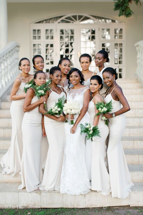 White doesn't have to be reserved for the bride, as this cool group dressed in Something Peridot goes to show. If you don't like being the center of attention, having your ladies wear the clssic bridal color might help you feel a bit more at ease. Chic Bridesmaid Dresses, Mermaid Long Bridesmaid Dresses, Dressy Dress, African American Weddings, White Mermaid, Cheap Homecoming Dresses, Munaluchi Bride, Cheap Bridesmaid, Dress Winter