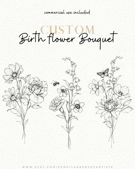 Custom Birth Flower Tattoo, Birth Flower Tattoos For Kids, Sibling Birth Flower Tattoos, Birthmonth Flower Tattoos Bouquet, Month Flower Bouquet Tattoo, April Flower Tattoo Birth Month, Kids Birth Flower Tattoo Ideas, Birth Flower Tattoos Bouquet, Family Flower Bouquet Tattoo