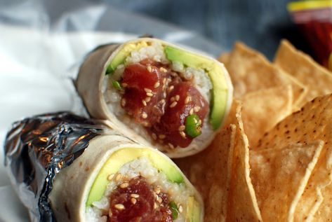 Poke Burritos - The Food in My Beard Rice And Avocado, Poke Sushi, Tuna Poke, Fresh Tuna, Iceberg Lettuce, Rice Wine Vinegar, Sushi Rice, Fish Dishes, Rice Vinegar