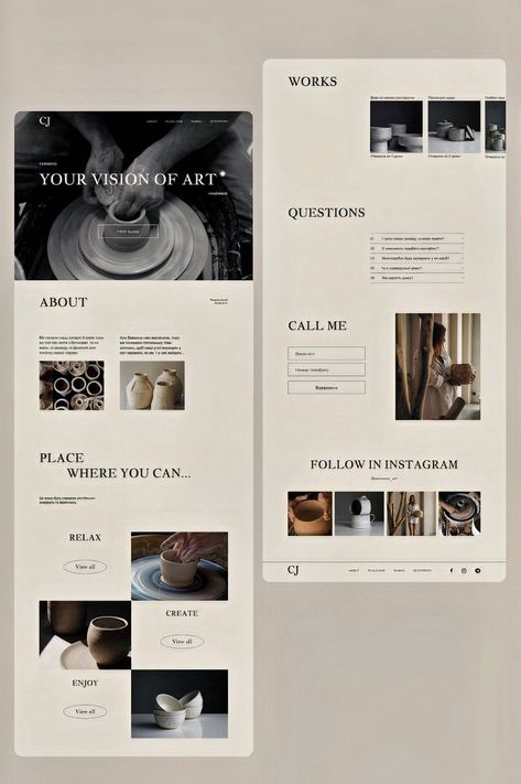 Landing page, website design, minimalist, UI/UX, pottery workshop. Website Design Minimalist, Minimalistic Website Design, Minimalist Web Design, Landing Page Website, Graphic Design Portfolio Layout, Studio Layout, Minimalist Shopping, Adobe Photoshop Design, Portfolio Website Design