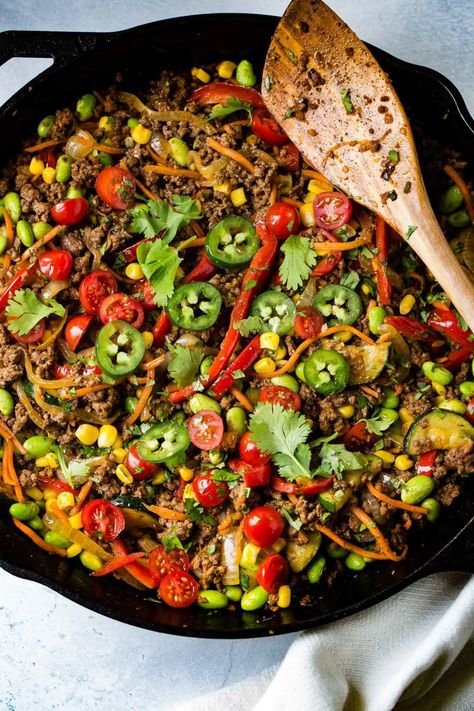 You can spice up dinner by serving this taco stir fry. Its a perfect tex-mex-stir fry blend. #recipe #stir fry #taco Taco Skillet Recipe, Healthy Skillet Meals, Taco Skillet, Easy Cheap Dinner Recipes, Oh Sweet Basil, Easy Skillet Meals, Sweet Potato Noodles, Easy Asian Recipes, Cheap Dinner Recipes