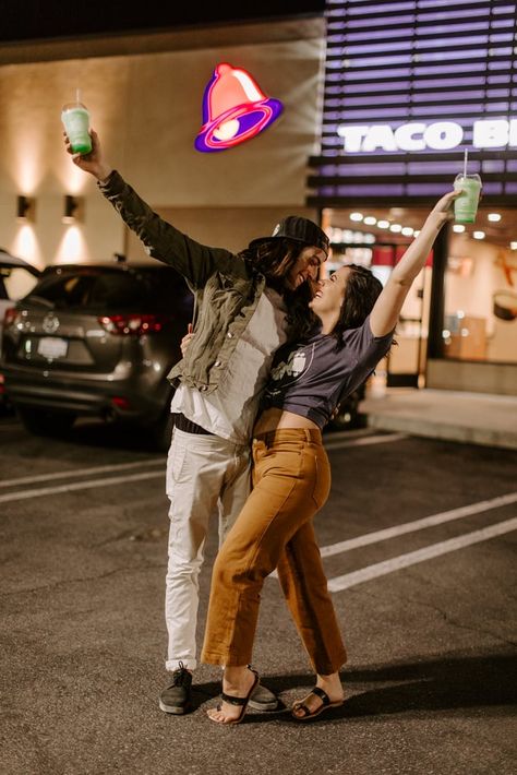 Couple Takes Engagement Photos at Taco Bell Taco Bell Photoshoot, Unique Couple Photoshoot, Polaroid Ideas, Spring Shoot, City Couple, Announcement Photos, Couple Ideas, Engagement Photo Shoot, Couple Pose