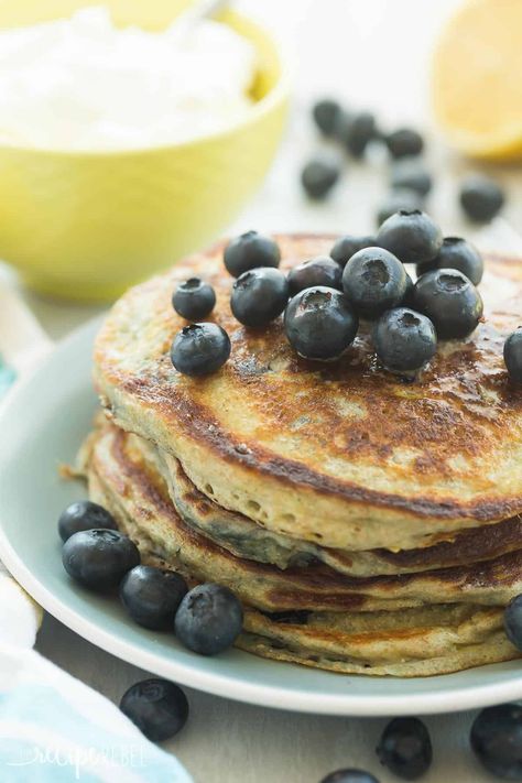 Blueberry Pancakes with Warm Buttermilk Syrup Greek Yogurt Blueberry, Greek Yogurt Pancakes Recipe, Pumpkin Chocolate Chip Pancakes, Lemon Blueberry Pancakes, Lemon Pancakes, Blueberry Pancakes Recipe, Greek Yogurt Pancakes, Yogurt Pancakes, Best Pancake Recipe