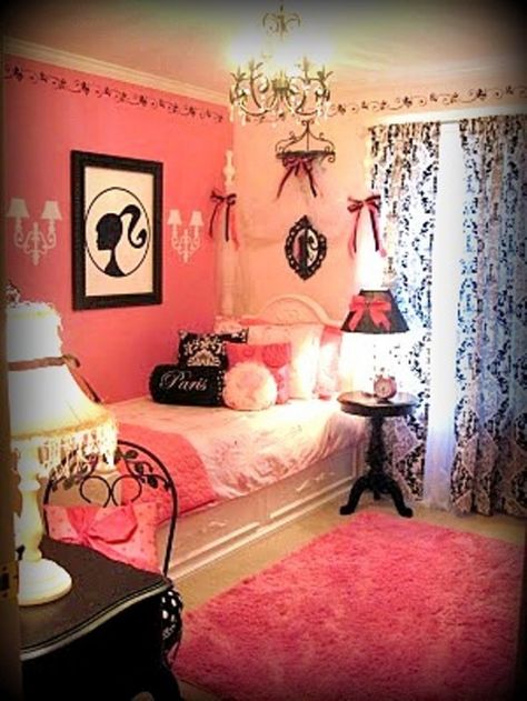 Paris theme Barbie Girls Room, Pink Teen Girl Bedroom, Parisian Room, Barbie Bedroom, Barbie Room, Teen Girl Bedroom, Black Room, Girly Room, Vintage Bedroom