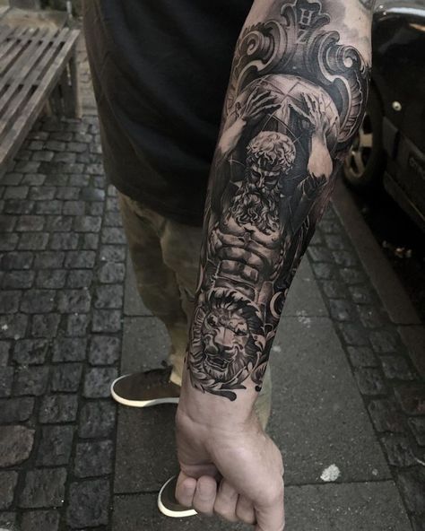 Back Leg Tattoo Men, Leg Tattoo Men Sleeve, Back Leg Tattoo, Forearm Tattoo Men Sleeve, Tattoo Men Sleeve, Back Of Leg Tattoos, Zeus Statue, Roman Tattoo, Atlas Tattoo