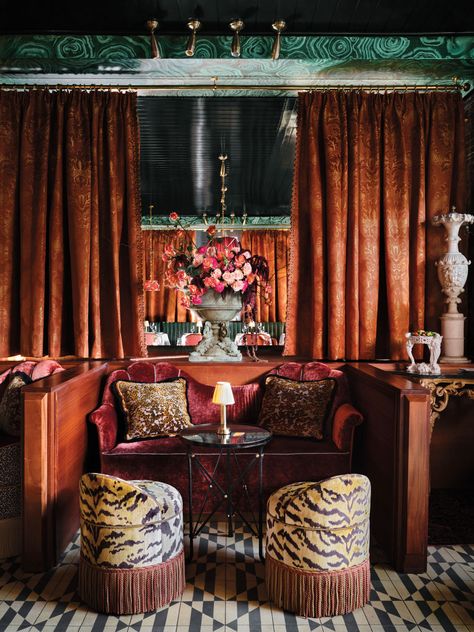 Carbone Miami Dazzles With Interiors By Ken Fulk - Luxe Interiors Design Ken Fulk, Upholstered Banquette, Maximalist Interior, Small Stool, Maximalist Decor, Luxe Interiors, Food Group, Dining Nook, Interiors Design