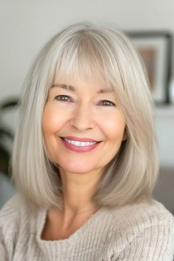 31 Youthful Medium-Length Hairstyles For Women Over 70 To Try - The Hairstyle Edit Classic Long Bob, Slightly Wavy Hair, Bob With Wispy Bangs, Kelly Hair, Ash Balayage, Medium Length Hairstyle, Grey Hair With Bangs, Bang Hair, Medium Length Hair Straight