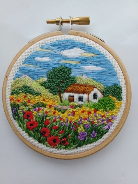 Detailed hand embroidered landscape thread painting. www.Etsy.com/shop/FrenchKnotCreations Scene Embroidery, Portrait Embroidery, Embroidery Lessons, Diy Embroidery Patterns, Hand Embroidery Tutorial, Embroidery Works, Hand Embroidery Projects, Wool Art, Thread Painting