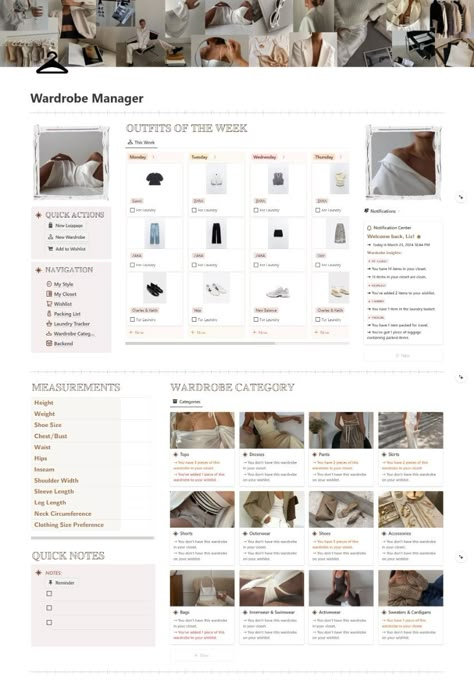 #Organisation #Fashion_Notion_Template #Notion_Closet_Template #Notion_Fashion_Template Notion Closet Template, Notion Fashion Template, Notion Outfit Planner, Notion Wardrobe Template, Notion Ideas Personal, Notion Wardrobe, Wardrobe Template, Girly Wardrobe, 2024 Notion