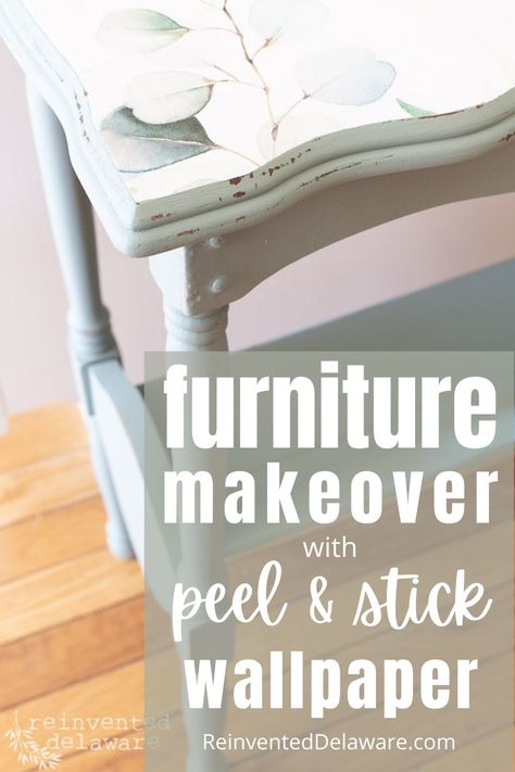 Are you looking for an easy end table makeover idea? You will love this idea that uses a surprise for the tabletop! End Table Top Ideas, Tabletop Makeover Diy, Painted Tabletop Ideas, Repainted Side Table, Refurbish End Table Ideas, Tabletop Painting Ideas Diy, Wallpaper On Furniture Ideas, Outdoor End Table Ideas, Using Wallpaper On Furniture