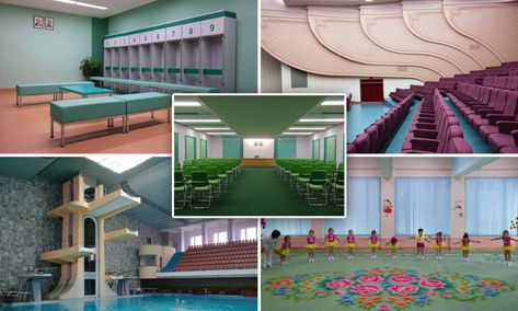 North Korea's colourful and bizarre interiors in stunning photographs Pastel Interiors, Menu Design Inspiration, Pastel Interior, People Come And Go, Colorful Murals, Aesthetic Space, Mosaic Pictures, Colorful Trees, Wes Anderson