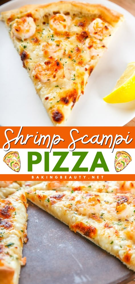 Want something different for dinner? Here's a main course recipe that's easy and ready in under 30 minutes! Complete with a garlic butter sauce and plenty of cheese this Shrimp Scampi Pizza is wonderfully unique. Save this seafood dinner idea! Shrimp Pizza Recipe Garlic Butter, Shrimp Scampi Flatbread Pizza, Garlic Shrimp Pizza Recipe, Shrimp Pizza Recipe Simple, Shrimp Pizza With White Sauce, Shrimp Alfredo Pizza Recipe, Seafood Pizza Recipes Shrimp, Prawn Pizza Recipes, Sea Food Pizza