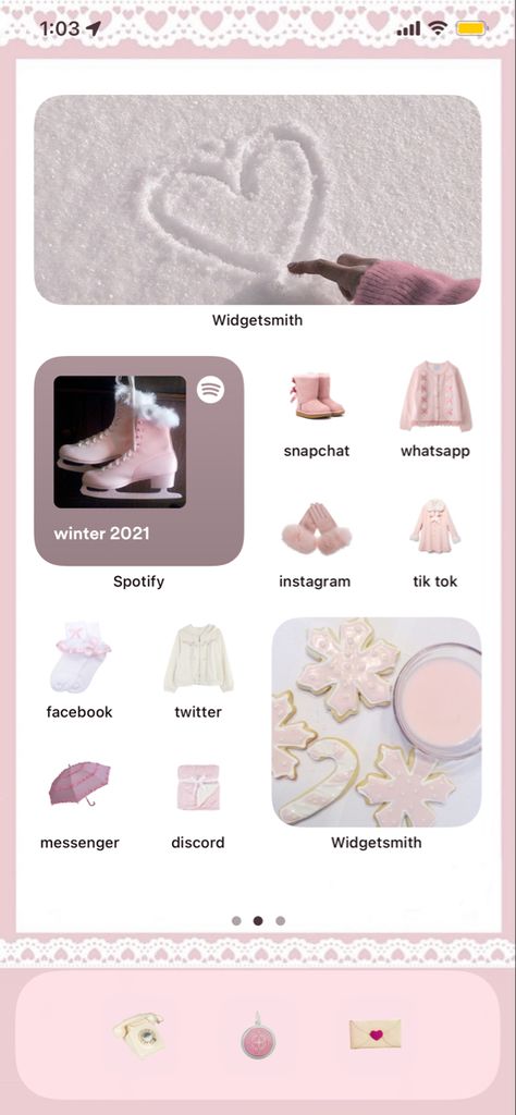 Winter Theme Homescreen, Iphone Home Screen Layout Aesthetic Winter, Pink Winter Homescreen, Soft Pink Phone Theme, Coquette Winter Aesthetic Wallpaper, Pink Winter Lockscreen, Coquette Home Screen Ideas, Pink Winter Phone Wallpaper, Home Screen Ideas Layout