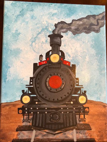 Acrylic painting of a train. Will be used in baby nursery. Will add the month and date to the red circle after the baby is born. Train Paintings Acrylic, Train Canvas Painting, Train Acrylic Painting, Train Painting Easy, Train Painting Acrylic, Train Painting, Train Artwork, Train Cartoon, Train Drawing