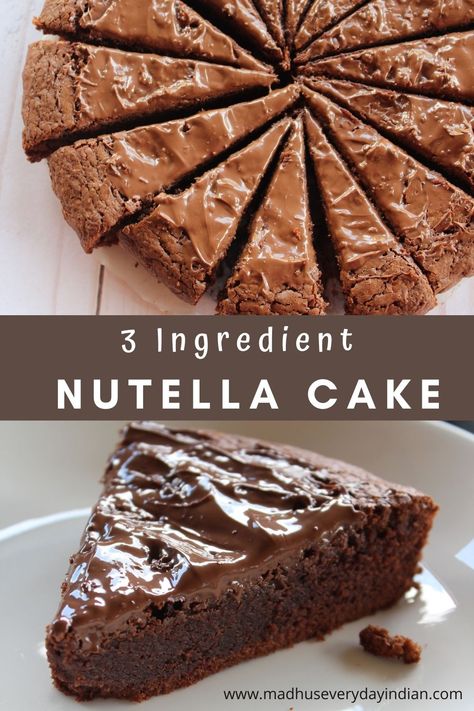 nutella cake sliced and a pic of one slice of nutella Dessert 3 Ingredients, Chocolate Nutella Cake, Nutella Desserts Easy, Nutella Dessert Recipes, Nutella Recipes Cake, Desserts Nutella, Nutella Recipes Easy, Nutella Frosting, Chocolate Desserts Cake