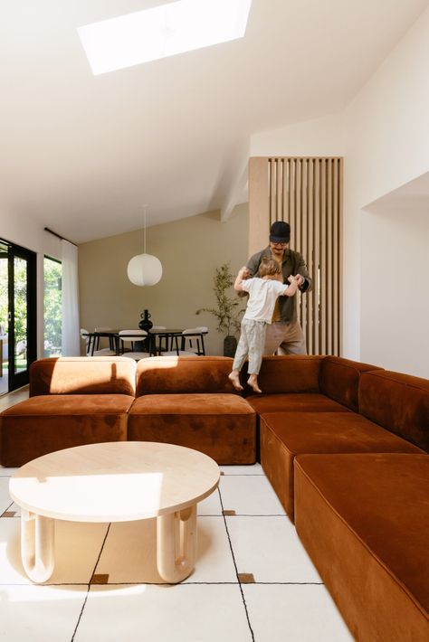 A Midcentury Home in L.A. Gets a Japandi–Inspired Refresh - Dwell Clean White Walls, Cleaning White Walls, Serene Home, Japandi Living Room, Japandi Interiors, White Couch, Zen Den, Japandi Living, Midcentury Home