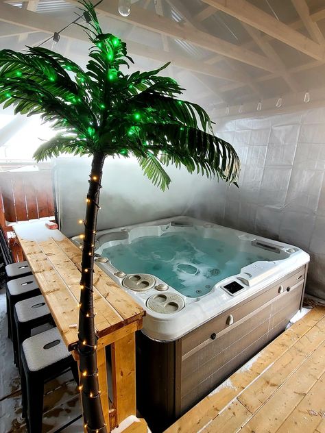 Hot Tub Room Ideas Indoor Decor, Indoor Hot Tub Room Ideas Garage, Diy Hot Tub Decor Ideas, Tiki Hot Tub Ideas, Hot Tub Bar Ideas Backyard, Hot Tub Decorating Ideas Backyard, Hot Tub In Basement Ideas, Basement Hot Tub Room, Hot Tub Room Decor