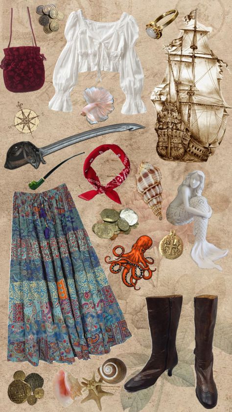 #pirate #piratecore Pirates Of The Caribbean Aesthetic Outfit, Pastel Pirate Aesthetic, Space Pirate Aesthetic Outfit, Victorian Pirate Aesthetic, Mermaid Pirate Aesthetic, Pirate Clothes Aesthetic, Pirate Theme Outfit, Pirate Inspired Outfits Casual, Pirate Core Outfits