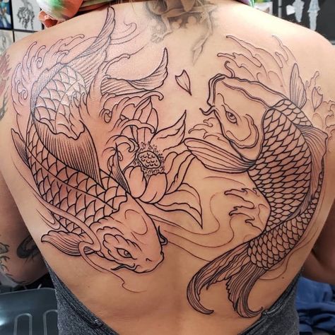 Koi Fish Tattoo Ideas, Unique Spine Tattoos, Fish Tattoo Ideas, Coy Fish Tattoos, Japanese Koi Fish Tattoo, Koi Tattoo Sleeve, Japanese Back Tattoo, Koi Tattoo Design, Designs Quotes