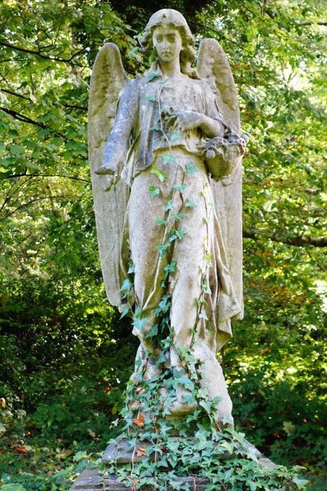 Statue In Forest, London October, Cemetery Angels, Highgate Cemetery, Cemetery Statues, Ancient Greek Sculpture, Angel Statue, Angel Sculpture, Cemetery Art