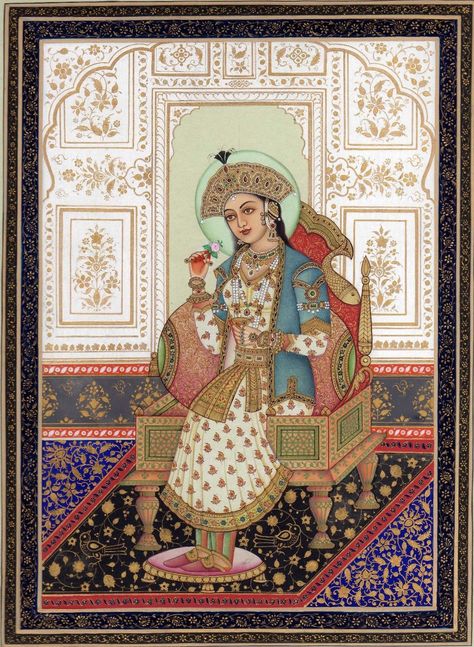 Mumtaz Mahal Mughal Art Paintings Women, Mughal Art Motifs, Mughal Aesthetic, Mughal Queen, Jaipur Art, Islamic Illumination, Mumtaz Mahal, Mughal Miniature Paintings, India History