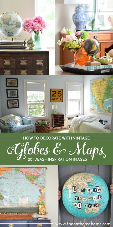 I LOVE vintage globes and maps! There are so many ideas for decorating with… Travel Bedroom Theme, Globe Ideas, Map Of Russia, Globe Projects, Eclectic Decor Modern, World Map With Countries, Bedroom Eclectic, Ancient World Maps, Diy Map