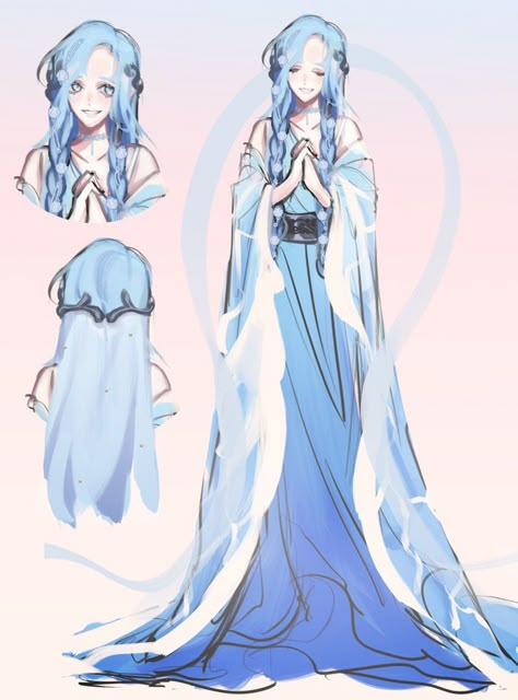 Water Inspired Outfits Drawing, Water Clothes Aesthetic, Sea Themed Clothes, Water Hero Costume Design, Water Dress Drawing, Water Spirit Character Design, Water Hair Art, Sea Goddess Dress, Mermaid Outfit Drawing