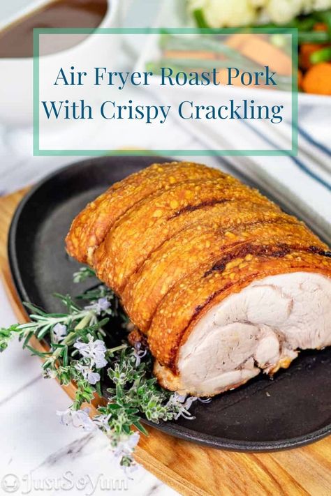 This super juicy pork roast with crispy crackling is one the family will love. Super easy to make and a great alternative method to cooking it in the oven. Air Fry Pork Loin Roast, Air Fryer Pork Crackling, Porkloin Airfryer Recipes, Air Fried Pork Loin, Airfryer Pork Roast, Roast Pork In Air Fryer, Pork Loin Roast Air Fryer, Air Fryer Pork Roast Boneless, Airfryer Pork Loin Roast